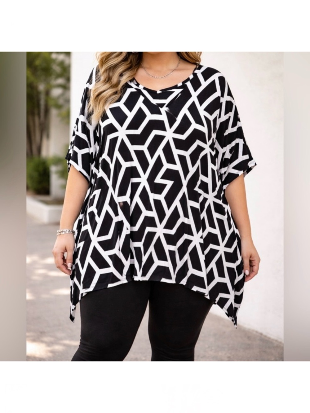 ELLOS Boxy Tunic Top 3X Black White Geo Print Career Casual Travel Lagenlook NEW